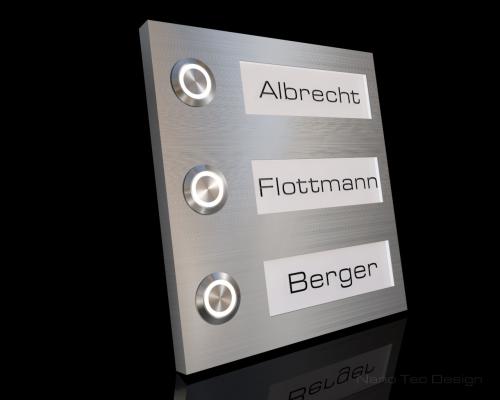 Artikelbild des Artikels “3-Familien Design Edelstahlklingel mit LED-beleuchteten Gravurschildern (austauschbar) „Th(re)e Spark“ “