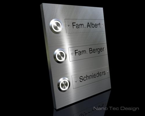 Artikelbild des Artikels “3-Familien Design Edelstahlklingel mit austauschbaren Gravurschildern „Th(re)e Switch“ “