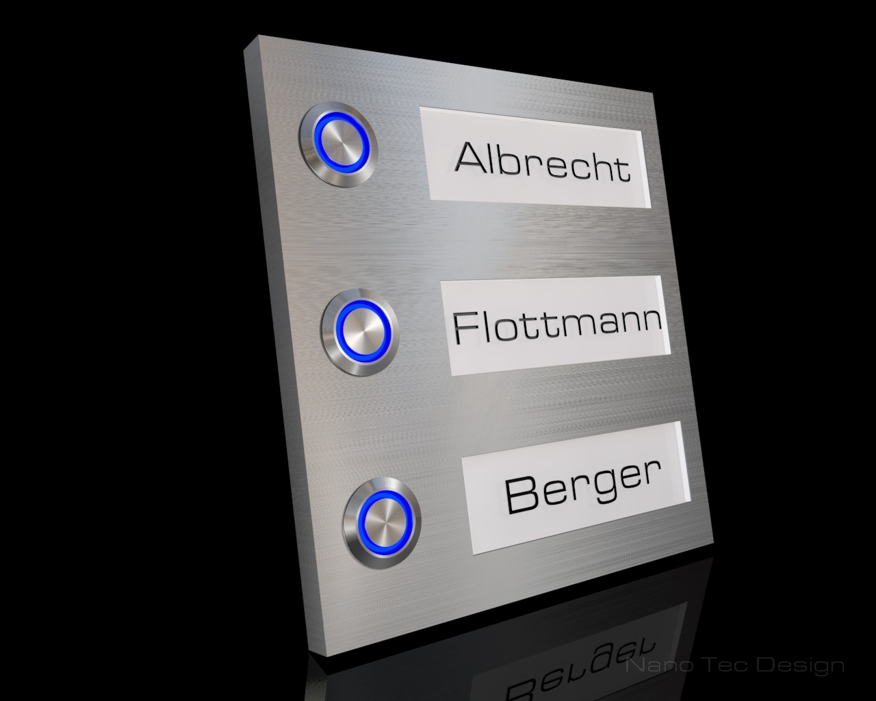 Artikelbild 2 des Artikels “3-Familien Design Edelstahlklingel mit LED-beleuchteten Gravurschildern (austauschbar) „Th(re)e Spark“ “